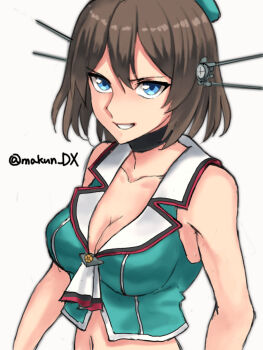1girl beret black_choker blue_eyes breasts brown_hair choker cleavage green_shirt hat headgear highres kantai_collection maakun_(makun_dx) maya_(kancolle) maya_kai_ni_(kancolle) medium_breasts navel neckerchief one-hour_drawing_challenge sailor_collar shirt short_hair simple_background sleeveless sleeveless_shirt solo twitter_username upper_body white_background white_neckerchief white_sailor_collar