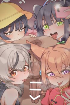 1boy 4girls anus blue_archive cellphone commentary_request hawkboku highres imminent_fellatio kisaki_(blue_archive) kisaki_(kindergarten_uniform)_(blue_archive) kokona_(blue_archive) multiple_girls phone rumi_(blue_archive) shun_(blue_archive) shun_(small)_(blue_archive)