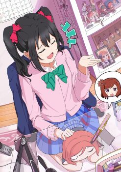 1girl anger_vein black_hair blue_skirt bow bowtie calendar_(object) cardigan cellphone chair character_doll character_figure closed_eyes doll green_bow green_bowtie hair_bow hand_up highres jacket long_sleeves love_live! love_live!_school_idol_project multiple_hair_bows nesoberi nishikino_maki nui313 on_chair open_mouth otonokizaka_school_uniform phone photo_(object) picture_frame pink_cardigan red_bow school_uniform shelf sitting skirt smartphone solo speech_bubble spoken_character stuffed_toy twintails twitter_username unworn_jacket yazawa_nico