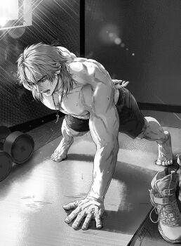 1boy barefoot c_(pixiv_63531865) chinese_commentary collarbone commentary_request exercising flying_sweatdrops genshin_impact greyscale highres jewelry male_focus medium_hair monochrome muscular muscular_male necklace one_arm_push-ups pectorals push-ups shoes shorts solo sweat toenails toes tooth_necklace unworn_shoes varka_(genshin_impact) weights