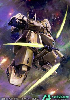 beam_rifle card_(medium) commentary_request copyright_logo copyright_name copyright_notice energy_gun energy_sword gundam gundam_arsenal_base hayaken_sarena holding logo mecha mecha_focus mobile_suit no_humans official_art one-eyed robot science_fiction sword the_o_(mobile_suit) titans_(gundam) weapon zeta_gundam