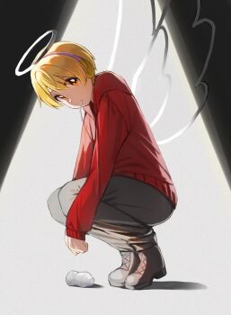 1boy blonde_hair drinking_straw drinking_straw_in_mouth empty_bottle full_body grey_pants hair_between_eyes halo hashtag-only_commentary headphones highres jacket kai_(shell) long_sleeves looking_at_viewer male_focus pants red_jacket root_(stpri) short_hair sleeves_past_wrists solo spotlight squatting strawberry_prince white_halo wings yellow_eyes