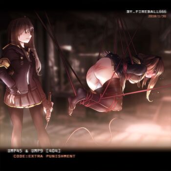 2girls 404_(girls&#039;_frontline) absurdres armband arms_behind_back ass_smack bdsm blush bondage bound bound_legs breast_bondage breasts fireball_666 girls&#039;_frontline hair_between_eyes highres long_hair multiple_girls punishment red_rope restrained rope shibari shibari_over_clothes skirt spanked spanking suspension ump45_(girls&#039;_frontline) ump9_(girls&#039;_frontline) whip_marks yellow_armband