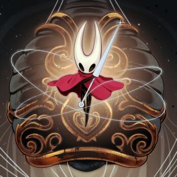 1girl arthropod_girl bell black_eyes black_skin cloak colored_skin full_body glowing highres holding holding_weapon hollow_eyes hollow_knight hollow_knight:_silksong horned_mask hornet_(hollow_knight) horns mask needle_(hollow_knight) red_cloak shirotani silk solo standing weapon white_mask