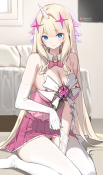 1girl absurdres blonde_hair blue_eyes bow bowtie breasts closed_mouth dduck_kong detached_collar elbow_gloves gloves highres indoors large_breasts long_hair looking_at_viewer magical_girl original panties panty_peek pink_bow pink_bowtie pink_shirt pink_skirt pleated_skirt shirt sitting skirt solo strap thighhighs underwear wariza white_gloves white_thighhighs