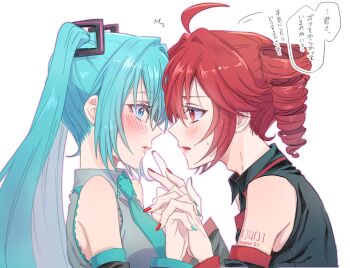 2girls arm_tattoo black_shirt blue_eyes blue_hair blue_nails blue_necktie blush commentary_request detached_sleeves drill_hair eye_contact grey_shirt hatsune_miku highres holding_hands interlocked_fingers itsukey_mouse kasane_teto kasane_teto_(utau) long_hair looking_at_another multiple_girls necktie parted_lips red_eyes red_hair red_nails shirt simple_background sleeveless sleeveless_shirt speech_bubble tattoo translation_request twin_drills twintails utau vocaloid white_background yuri