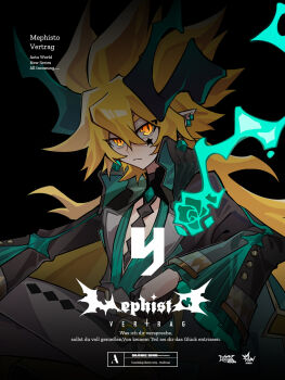 1boy alternate_costume aotu_world black_background black_gloves black_jacket blonde_hair chinese_commentary closed_mouth collared_jacket commentary copyright_name crossed_legs demon_horns ear_piercing earrings english_commentary english_text facial_mark fire flower gem gloves godrose_(aotu_world) green_fire green_gemstone green_shirt grey_pants hair_between_eyes halloween_costume highres horns jacket jewelry long_hair long_sleeves looking_at_viewer male_focus mixed-language_commentary official_art orange_eyes pants piercing pointy_ears qi_chuang_she shirt simple_background sitting slit_pupils solo star_(symbol) turtleneck yellow_eyes