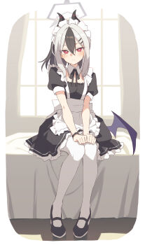1girl alternate_costume apron bed black_dress black_hair black_ribbon black_shoes blue_archive blush border clenched_hand colored_bangs commentary demon_horns dress frilled_dress frilled_skirt frills grey_halo hair_between_eyes hair_ornament hairclip halo highres horns kayoko_(blue_archive) long_sidelocks looking_at_viewer low_wings maid maid_apron maid_headdress pantyhose ponytail puffy_short_sleeves puffy_sleeves red_eyes ribbon satou_kibi shoes short_sleeves sidelocks single_wing sitting skirt solo white_border white_hair white_pantyhose window wings
