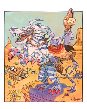 1boy arm_up bag battery blue_fur body_fur bridle building claws clothed_digimon commission cowboy cowboy_hat cowboy_western desert digimon digimon_(creature) fangs fangs_out full_body garurumon gazimon grin hat highres holding holding_unworn_clothes holding_unworn_hat lightning_bolt_symbol male_focus open_mouth orange_eyes painting_(medium) palm_tree poncho purple_fur rearing reins riding riding_animal riding_digimon rock satchel sharp_teeth smile forked_tail stirrups_(riding) tail taragraphika teeth traditional_media tree two-tone_fur unworn_hat unworn_headwear watercolor_(medium) well western wolf