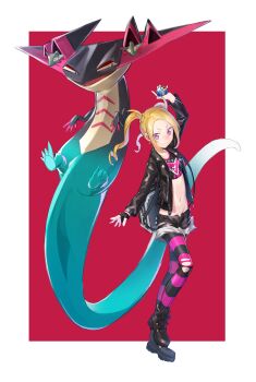 1girl absurdres arm_up blonde_hair border cutoffs deluxe&lt;&lt;&lt; dragapult fingerless_gloves gen_8_pokemon gloves highres holding holding_poke_ball jacket looking_at_viewer midriff navel nintendo open_clothes open_jacket outside_border pantyhose poke_ball pokemon pokemon_(creature) pokemon_swsh quick_ball red_eyes short_hair shorts single_fingerless_glove smile striped_clothes striped_pantyhose team_yell torn_clothes torn_legwear two-tone_background white_border