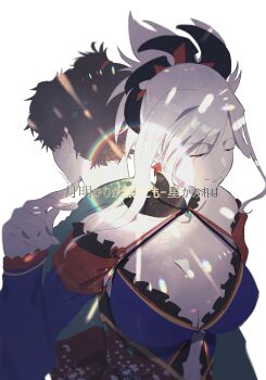 1boy 1girl absurdres adoptive_parent_and_adoptive_child awapontasu back-to-back breasts cleavage closed_eyes commentary_request detached_sleeves earrings fate/grand_order fate/samurai_remnant fate_(series) folded_ponytail highres japanese_clothes jewelry large_breasts lens_flare magatama miyamoto_iori_(fate) miyamoto_musashi_(fate) miyamoto_musashi_(third_ascension)_(fate) mother_and_son ponytail sidelocks single_hair_intake sleeves_past_wrists translation_request white_hair