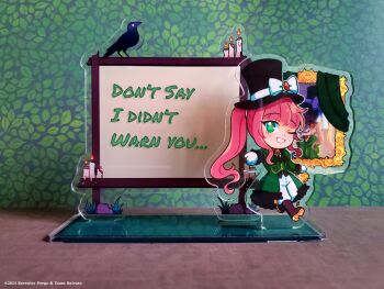 1girl acrylic_stand_(medium) alternate_costume artist_request bird black_hat blush boots bow brown_boots brown_hair candle cane chibi chibi_only coat commentary company_name copyright_notice doki_doki_literature_club english_commentary english_text eyelashes fire full_body gloves grass green_coat green_eyes green_vest hat hat_bow highres holding holding_cane long_hair merchandise_available monika_(doki_doki_literature_club) official_art one_eye_closed open_clothes open_coat pants photo_(medium) picture_frame ponytail rock second-party_source sidelocks smile solo top_hat vest white_bow white_gloves white_pants whiteboard