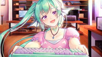 1girl :d a.cat absurdres aqua_hair casual collarbone commentary computer_keyboard earrings english_commentary finana_ryugu fins game_cg hair_ornament head_fins head_tilt highres holding_computer_keyboard jewelry lazulight light_blush looking_at_viewer necklace nijisanji nijisanji_en open_mouth pink_shirt purple_eyes scales shell shell_hair_ornament shirt single_earring smile solo twintails virtual_youtuber