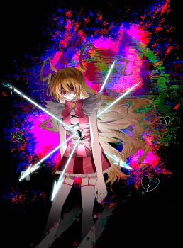 1girl blonde_hair bochishiraita bow bowtie don_quixote_(project_moon) e.g.o_(project_moon) hair_ornament heart heart_hair_ornament highres impaled in_the_name_of_love_and_hate_(e.g.o) limbus_company long_hair looking_at_viewer pink_bow pink_bowtie pink_garter_straps pink_skirt pink_vest polearm project_moon red_eyes simple_background skirt solo spear standing static thighhighs two_side_up upper_body vest weapon white_thighhighs yellow_background