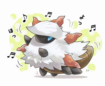 Rule 34 | animal focus, blue eyes, blue sclera, bug, colored sclera, commentary request, dancing, full body, gen 5 pokemon, highres, larvesta, mofu (pk3566), musical note, nintendo, no humans, pokemon, pokemon (creature), pokemon focus, white fur