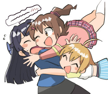 3girls :d ;d ^_^ ahoge black_hair blonde_hair blue_shirt blush_stickers brown_hair closed_eyes commentary_request deformed flying_sweatdrops hug ibuki_tsubasa idolmaster idolmaster_million_live! jumping kasuga_mirai long_hair mogami_shizuka multiple_girls one_eye_closed one_side_up open_mouth pink_shirt shirt short_hair simple_background smile spoken_blush tsubobot white_background