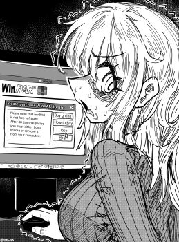 1girl ^^^ at_computer blush breasts commentary cursor english_commentary english_text fang from_side frown greyscale highres large_breasts long_hair long_sleeves looking_back mimi_(nhim) monitor monochrome nervous nervous_sweating nhim open_mouth original skin_fang solo sweat sweater trembling upper_body user_interface white_hair winrar worried