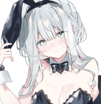 1girl animal_ears black_bow black_bowtie black_hairband black_leotard bow bowtie breasts cleavage detached_collar fake_animal_ears fuyukawa_kagari grey_eyes grey_hair hairband hakanai_kimi_wa_moukou_wo_hajimeru kazutake_hazano lace-trimmed_leotard lace_trim large_breasts leotard light_blush long_hair playboy_bunny rabbit_ears simple_background solo sweatdrop white_background wrist_cuffs