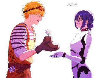 1boy 1girl blonde_hair bodysuit boots brown_boots chainsaw_man closed_eyes cosplay denji_(chainsaw_man) eve_(wall-e) eve_(wall-e)_(cosplay) flower goggles goggles_on_head hair_bun highres mccheese open_mouth orange_overalls overalls purple_hair reze_(chainsaw_man) rubik&#039;s_cube shirt striped_clothes striped_shirt wall-e wall-e_(character) wall-e_(character)_(cosplay) white_background white_bodysuit white_flower white_shirt