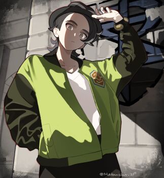 1boy arm_up black_hat black_jacket brown_eyes commentary green_jacket hand_in_pocket hat highres jacket long_sleeves mabuchi_27 male_focus multicolored_jacket nintendo open_clothes open_jacket outdoors parted_bangs paxton_(pokemon) pokemon pokemon_legends:_z-a short_hair solo standing twitter_username two-tone_jacket