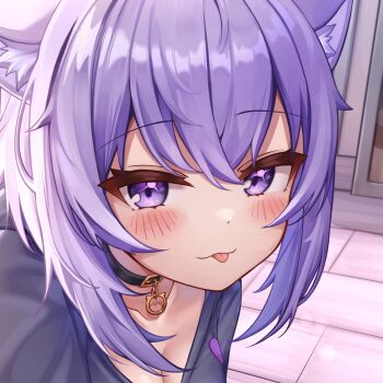 1girl :3 animal_ear_fluff animal_ears bad_id bad_twitter_id blush breasts buckle cat_ears cleavage close-up closed_mouth collar collarbone deaver highres hololive indoors looking_at_viewer medium_breasts nekomata_okayu nekomata_okayu_(1st_costume) purple_eyes purple_hair short_hair smile solo virtual_youtuber wooden_floor