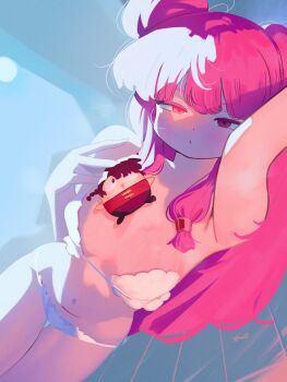 Rule 34 | 1girl, arm up, bare arms, bikini, breasts, commentary, double bun, dutch angle, hair bun, hand up, highres, holding, holding toy, long hair, looking at viewer, purple eyes, purple hair, ranma 1/2, ryusei hashida, saotome ranma, shampoo (ranma 1/2), sidelighting, sidelocks, solo, stomach, stuffed toy, swimsuit, thighs, toy, white bikini