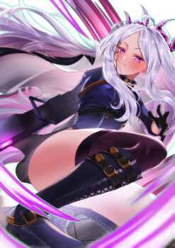 1girl absurdres ahoge black_coat black_gloves black_skirt black_thighhighs blue_archive blush breasts coat coat_on_shoulders demon_girl demon_horns gloves gun hakuchon821 highres hina_(blue_archive) holding holding_gun holding_weapon horns long_hair looking_at_viewer machine_gun mg42 purple_eyes skirt small_breasts solo thighhighs thighs very_long_hair weapon white_hair