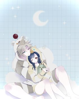 1boy 1girl bare_legs barefoot black_hair blonde_hair blue_eyes checkered_background chocobo cloud_strife commentary_request couple crescent_moon cuddling earrings feet_out_of_frame fenrir_(final_fantasy) final_fantasy final_fantasy_vii final_fantasy_vii_advent_children fluffy_clothes fuzzy_clothes heads_together heart height_difference highres holding holding_stuffed_toy hood hoodie jewelry legs long_hair long_sleeves lumi_1000 moogle moon on_lap one_eye_closed pajamas red_eyes ring sabotender short_hair shorts single_earring sitting sitting_between_lap sleeves_past_wrists sparkle spiked_hair stuffed_toy swept_bangs tifa_lockhart white_hoodie white_pajamas yellow_hoodie yellow_pajamas