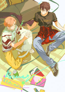 2boys animal arm_support blue_pants book brown_eyes brown_hair cat clothes_around_neck clothes_around_waist couch hair_between_eyes highres holding holding_animal holding_cat knees_up looking_at_another multiple_boys on_floor on_ground original pants pillow pink_hair shirt shoes short_hair short_sleeves sitting t-shirt white_cat xiaojiaju yellow_pants