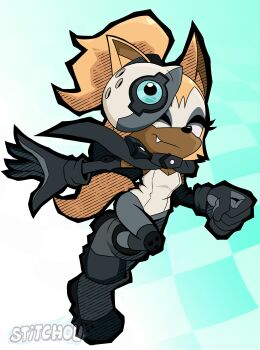 1girl absurdres alternate_costume animal_ears animal_nose artist_name black_cape black_capelet black_eyes black_gloves blonde_hair blue_background body_fur boots breasts cape capelet checkered_background cleavage clenched_hand closed_mouth cosplay elbow_gloves elbow_pads eye_mask fang fang_out full_body furry furry_female gloves grey_pantyhose hair_tie half-closed_eyes half_mask hand_up happy highres knee_pads leg_up leotard looking_at_viewer mask mask_on_head one_eye_closed one_eye_covered orange_hair outstretched_arm pantyhose ponytail shoes simple_background small_breasts smile solo sonic_(series) sonic_racing:_crossworlds sonic_the_hedgehog_(idw) standing standing_on_one_leg stitchou strapless strapless_leotard tail whisper_the_wolf white_leotard wolf_ears wolf_girl wolf_tail