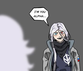 Rule 34 | 2girls, black scarf, black shirt, blue eyes, blurry, blurry foreground, blush, breasts, dual persona, hair over face, heterochromia, jacket, long hair, looking at viewer, lower teeth only, medium breasts, multiple girls, non-web source, open mouth, original, red eyes, russian flag, russian volunteer corps, russo-ukrainian war, scarf, shirt, snow draw, speech bubble, straight hair, teeth