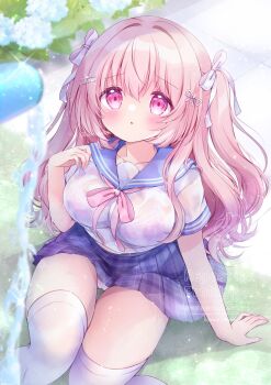 1girl blue_sailor_collar blue_skirt blush bow bra bra_visible_through_clothes breasts chiika_(cure_cherish) collarbone hair_bow hair_ornament highres large_breasts long_hair looking_at_viewer original panties pink_bra pink_eyes pink_hair sailor_collar school_uniform see-through_clothes see-through_shirt shirt skirt solo thighhighs tia_(chiika_cure_cherish) underwear water wet wet_clothes white_shirt white_thighhighs yume_kawaii