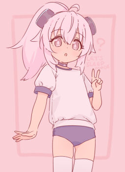 1girl :o ? ahoge black_choker blue_buruma buruma choker commentary english_text gluteal_fold grey_eyes gym_shirt gym_uniform hand_up high_ponytail highres jigatei_(omijin) long_hair looking_at_viewer original parted_lips pink_background pink_hair ponytail power_symbol shirt solo symbol-only_commentary thighhighs v white_shirt white_thighhighs