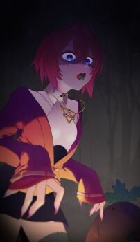 1girl absurdres ange_katrina ange_katrina_(summer_casual) black_skirt blue_eyes blurry breasts collared_halterneck collared_shirt commentary_request cowboy_shot creature depth_of_field fingernails ghost_pose gold_necklace grey_background hair_between_eyes hair_intakes halloween halter_shirt halterneck high-waist_skirt highres jacket jewelry long_fingernails looking_at_viewer mandragora_(ange_katrina) medium_hair mikoton miniskirt necklace nijisanji open_mouth partially_open_jacket red_hair red_jacket saliva sharp_fingernails sharp_teeth shirt shirt_tucked_in skirt sleeves_past_wrists small_breasts stitched_face stitched_leg stitched_tongue stitches teeth tongue tongue_out virtual_youtuber white_shirt