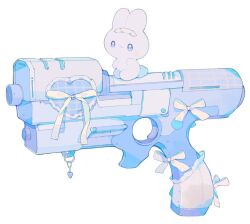 Rule 34 | blue theme, bow, charm (object), gun, heart, limited palette, no humans, original, patch, pepparmint310, simple background, stuffed animal, stuffed rabbit, stuffed toy, three quarter view, toy gun, weapon, weapon focus, white background, white bow, white fur