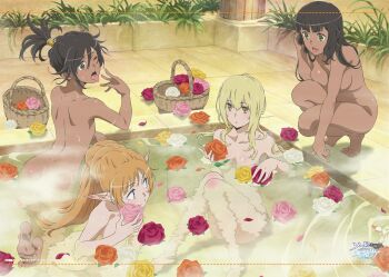 4girls aiz_wallenstein amazon_warrior artist_request back barefoot bathing blonde_hair blunt_bangs breasts breasts_apart brown_hair collarbone convenient_censoring copyright_name covering_breasts covering_privates dark-skinned_female dark_skin dungeon_ni_deai_wo_motomeru_no_wa_machigatteiru_darou_ka feet feet_together high_ponytail highres knees_together_feet_apart lefiya_viridis long_hair medium_breasts multiple_girls nude official_art one_eye_closed open_mouth orange_hair plant pointy_ears ponytail same-sex_bathing shared_bathing small_breasts soles squatting sweatdrop sword_oratoria tiona_hyryute tione_hyryute toes tongue tongue_out topless_female wet yellow_eyes