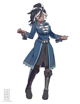 1girl :o black_hair black_pantyhose black_skirt blue_coat blue_jacket boots breasts brown_pantyhose coat curious dark_skin earrings full_body hair_between_eyes high_ponytail highres jacket jesternalagon jewelry knee_boots lace-up_boots large_breasts long_hair long_sleeves looking_at_viewer medium_breasts multicolored_hair open_mouth original pantyhose ponytail purple_eyes skirt solo standing streaked_hair teeth two-tone_hair upper_teeth_only white_hair