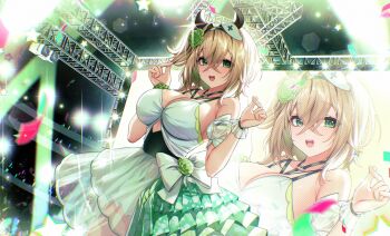 1girl absurdres animal_ears bow breasts brown_hair clothing_cutout commentary commission confetti cross crossed_bangs cutout_above_navel double-parted_bangs double_finger_heart dress dress_bow english_commentary finger_heart flower gendo0032 green_eyes green_flower hair_between_eyes hair_flower hair_ornament hands_up hat heart heart_o-ring highres idol_clothes indie_virtual_youtuber large_breasts looking_at_viewer medium_hair nimi_nightmare nurse_cap o-ring one_side_up open_mouth screen sleeveless sleeveless_dress smile stage stage_lights star_(symbol) tapir_ears tapir_girl virtual_youtuber white_bow white_dress white_hat