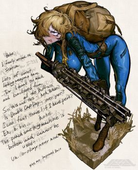 1girl ahoge backpack bag belt bent_over blonde_hair blush bodysuit boots breasts brown_eyes character_request dry_grass english_text fallout gun hard-translated highres holding holding_gun holding_weapon juerucj large_breasts long_hair open_mouth original railgun sanpaku skin_tight soil speech_bubble sweat thighs third-party_edit unkempt weapon white_background