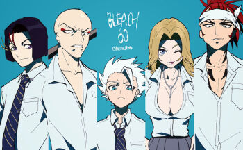 1girl 4boys abarai_renji ayasegawa_yumichika balcony bald bleach blonde_hair blue_eyes chest_tattoo clenched_teeth column_lineup commentary_request diagonal-striped_clothes diagonal-striped_necktie eyeliner frown headband hitsugaya_toushirou jewelry karakura_high_school_uniform madarame_ikkaku makeup matsumoto_rangiku multiple_boys necklace necktie nigatsumikka partially_unbuttoned purple_eyes red_eyeliner red_hair school_uniform smile striped_clothes tattoo teeth translation_request white_hair white_headband