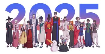 1other 2025 6+boys 6+girls absurdres black_hair black_hanbok black_hat blonde_hair blue_eyes blue_hanbok bolkki charon_(project_moon) closed_eyes coat dagger dante_(limbus_company) don_quixote_(project_moon) everyone faust_(project_moon) full_body gat_(hat) green_hanbok gregor_(project_moon) hanbok hat heathcliff_(project_moon) highres holding holding_smoking_pipe hong_lu_(project_moon) ishmael_(project_moon) knife korean_clothes limbus_company long_hair long_sleeves looking_to_the_side meursault_(project_moon) misg1111 multiple_boys multiple_girls open_mouth outis_(project_moon) pink_hanbok ponytail project_moon red_coat red_eyes red_hanbok red_skirt rodion_(project_moon) ryoshu_(project_moon) short_hair simple_background sinclair_(project_moon) skirt smile smoke smoking smoking_pipe snowman vergilius_(project_moon) weapon white_background white_hair white_hanbok yellow_hanbok yellow_skirt yi_sang_(project_moon)
