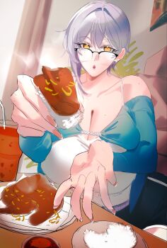 1girl absurdres bare_shoulders booth_seating breasts camisole cleavage collarbone commentary cup drinking_straw feeding food highres holding holding_food huge_breasts incoming_food indoors looking_at_viewer mole mole_on_breast mole_on_shoulder mole_under_eye nyxcisme off_shoulder open_mouth original plate pov_across_table restaurant short_hair_with_long_locks short_shorts shorts sitting solo table unfinished white_camisole window yellow_eyes