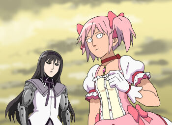 2boys akemi_homura akemi_homura_(cosplay) akemi_homura_(magical_girl) black_hair black_sclera choker colored_sclera commentary_request cosplay crossdressing crossdressing_(mtf) cyborg dress genos hairband highres kaname_madoka kaname_madoka_(cosplay) kaname_madoka_(magical_girl) mahou_shoujo_madoka_magica mahou_shoujo_madoka_magica_(anime) male_focus mechanical_arms multiple_boys one-punch_man pink_dress pink_hair puffy_short_sleeves puffy_sleeves purple_hairband red_choker saitama_(one-punch_man) shideboo_(shideboh) short_sleeves soul_gem twintails