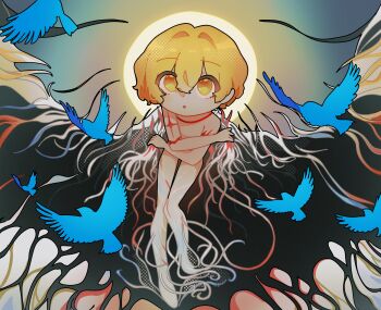 1boy absurdres bird blonde_hair blue_bird chibi commentary completely_nude convenient_censoring english_commentary full_body halo highres limbus_company looking_at_viewer looking_up minty_chu nude project_moon short_hair sinclair_(project_moon) sitting solo sun yellow_eyes