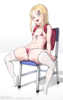 1girl :d anus anus_peek ass backpack bag bikini blonde_hair blue_eyes blush breasts cameltoe chair cleft_of_venus covered_erect_nipples earrings female_focus full_body hair_ornament highres jewelry loli long_hair looking_at_viewer mesugaki micro_bikini mole mole_under_eye navel open_mouth original purple_bikini pussy pussy_peek randoseru simple_background small_breasts smile solo spread_legs swimsuit thighhighs white_thighhighs xiangzi_box