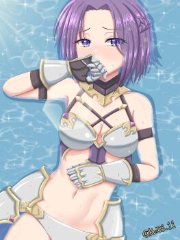 1girl absurdres arm_strap armor bikini bikini_armor blue_eyes braid breasts covering_own_mouth faulds gauntlets grey_bikini hand_on_own_stomach hand_over_own_mouth highres hip_armor jun_(princess_connect!) jun_(summer)_(princess_connect!) kei_03 light_blush lying navel no_headwear on_back princess_connect! purple_hair side_braid solo swimsuit
