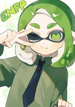 Rule 34 | 16personalities, 1girl, alternate species, black necktie, campaigner (16personalities), collared shirt, commentary, green eyes, green hair, green shirt, grid background, highres, inkling, long hair, myers-briggs type indicator, necktie, nintendo, one eye closed, sabata saba, shirt, solo, splatoon (series), splatoon 3, splatoonification, standing, symbol-only commentary, tentacle hair, thick eyebrows, v, v over eye