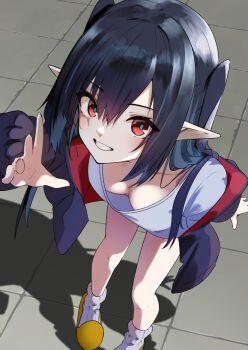 1girl arknights black_hair black_jacket breasts closure_(arknights) collarbone commentary_request downblouse hair_between_eyes jacket long_hair long_sleeves looking_at_viewer medium_breasts open_clothes open_jacket pointy_ears red_eyes shirt smile solo standing two-sided_fabric two-sided_jacket white_shirt z_(knkr1025)