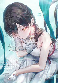 Rule 34 | 1girl, ;), absurdres, armpit crease, black hair, breasts, chair, character name, commentary, detached sleeves, dress, finger to mouth, gloves, half gloves, happy birthday, highres, katsuragi izumi, katsuragi izumi (17th birthday), kuzia (atarayo), link! like! love live!, long hair, looking at viewer, love live!, medium breasts, official alternate costume, on chair, one eye closed, orange eyes, shushing, single bare shoulder, single detached sleeve, single sleeve, sitting, smile, solo, sparkle, strapless, strapless dress, symbol-only commentary, virtual youtuber, white dress, white gloves