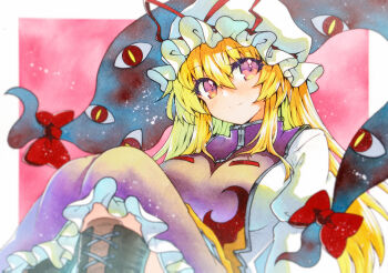 1girl blonde_hair blush boots breasts closed_mouth dress frills gap_(touhou) hair_between_eyes hat highres large_breasts light_smile long_hair long_sleeves looking_at_viewer mob_cap purple_eyes purple_tabard red_eyes ribbon rinka_(qqqrinkappp) solo tabard touhou traditional_media white_dress yakumo_yukari